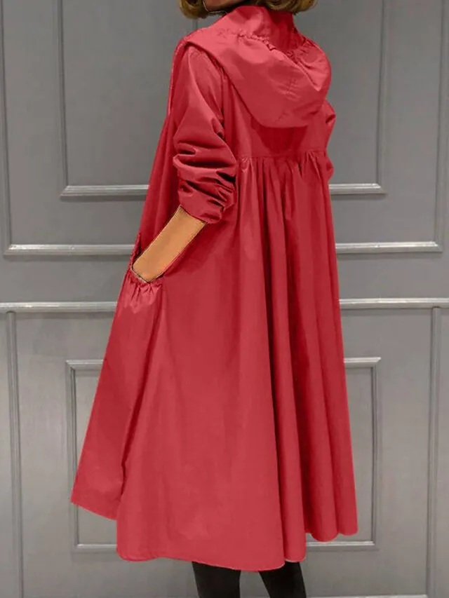 Women's Trench Coat Fall Windproof Outdoor Zipper Plain Maillard Fashion Regular Fit Outerwear Long Sleeve Black M