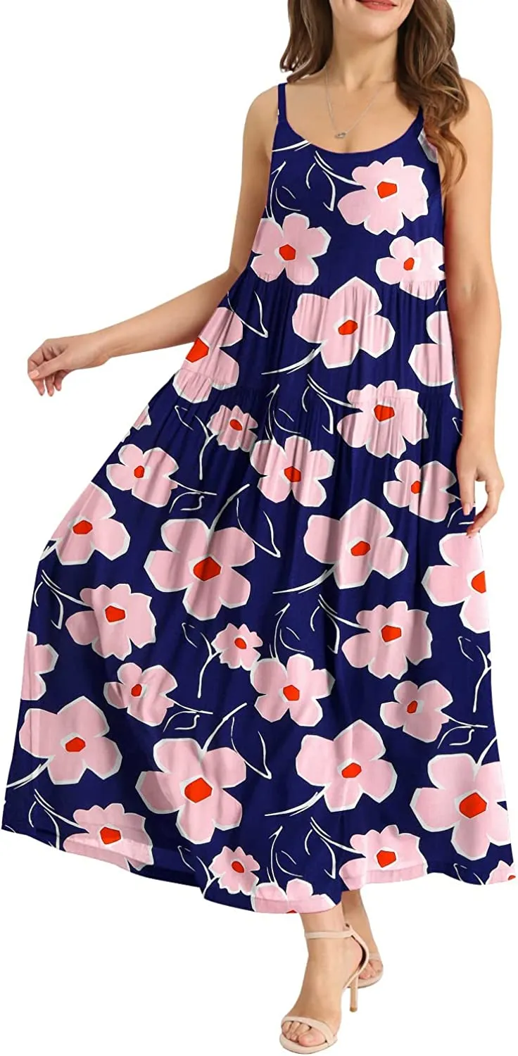 Summer Dresses for Women Casual Loose Bohemian Floral Dress with Pockets Spaghetti Strap Maxi Dress E75