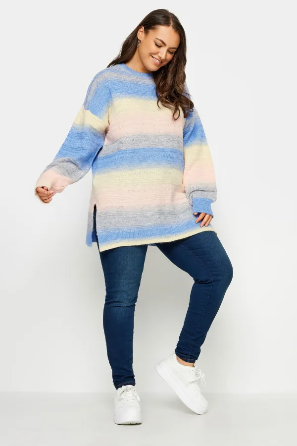 YOURS Curve Blue Stripe Side Split Knitted Jumper