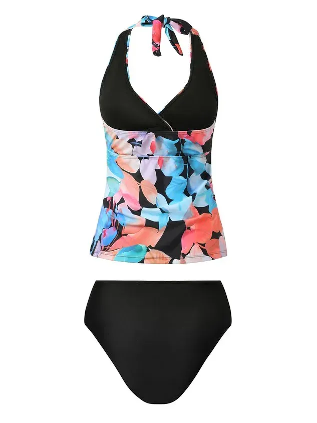 Vacation Floral Printing V Neck Tankinis Two-Piece Set