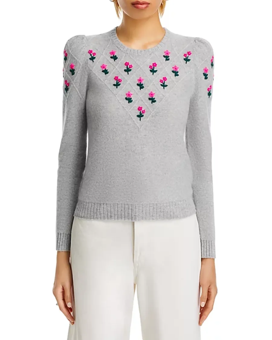 Puff Sleeve Embroidered Floral Cashmere Sweater