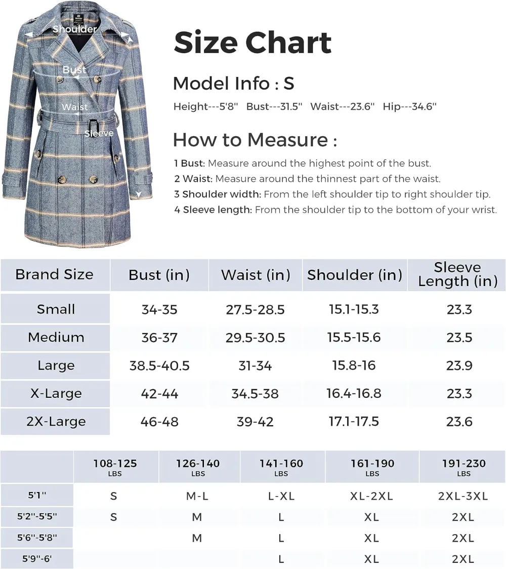 Women's Double Breasted Pea Coat Winter Mid-Long Trench Coat with Belt