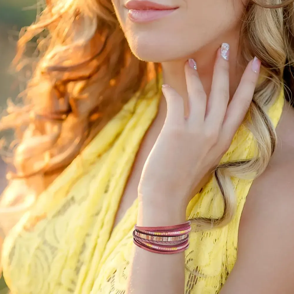 Fesciory Leather Wrap Bracelets for Women, Boho Leopard Multi-Layer Crystal Beads Cuff Bracelet Jewelry