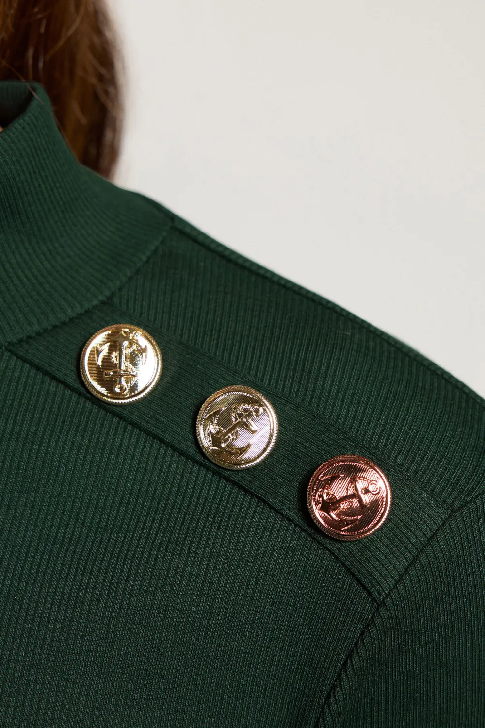 Dark Green Ribbed Shoulder Button Daily Dress