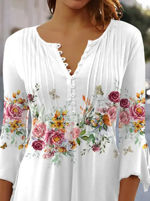 Women 3/4 Sleeve V-neck Floral Printed Tops