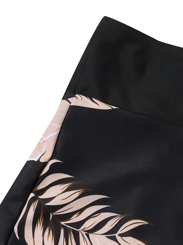 Women's Swimwear Tankini 2 Piece Plus Size Swimsuit Open Back Printing for Big Busts Trees / Leaves Black Halter V Wire Bathing Suits New Vacation Fashion / Modern / Padded Bras