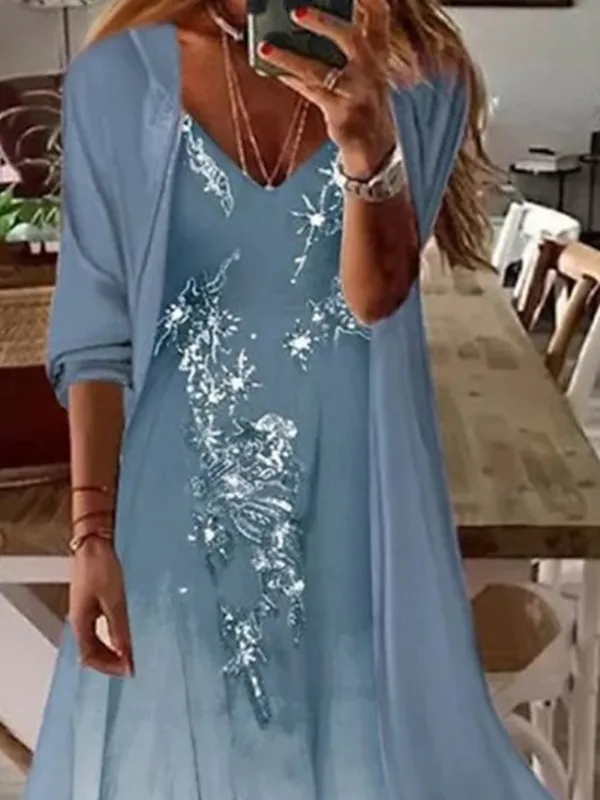 Women‘s Casual Dress Dress Set Two Piece Dress Long Dress Maxi Dress Blue Half Sleeve Print Ruched Summer Spring Fall V Neck Basic Daily Date 2023 S M L XL XXL 3XL