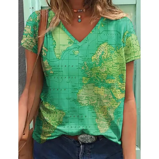 Women's T shirt Tee Blouse Graphic World Map Multi Color pea green Blue Purple Print Short Sleeve Street Daily Basic Modern V Neck Regular Fit T-shirt Sleeve Summer