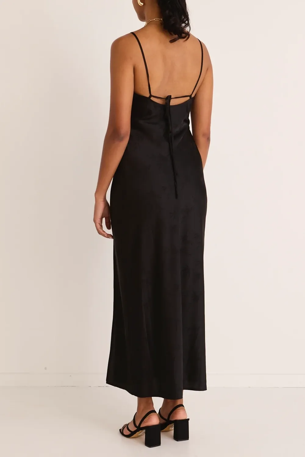 Black Jacquard Satin Strappy Maxi Dress