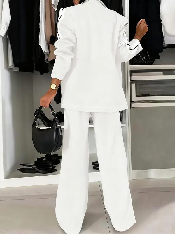 Women's Striped Print Blazer Jacket & Wide Leg Pants Set, Casual Fitted Suit for All Seasons, Stylish Ladies' Clothing Ensemble