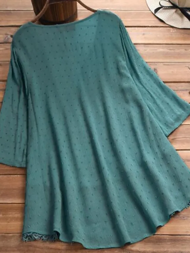 Women's Shirt Blouse White Eyelet Tops Cotton Pure Color White Pink Green Lace Button 3/4 Length Sleeve Daily Basic Casual V Neck Regular Fit Summer Spring Fall