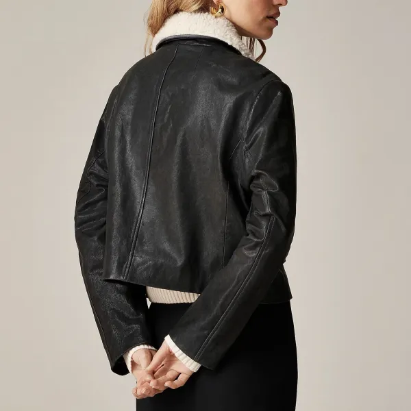 cropped leather car coat with sherpa collar