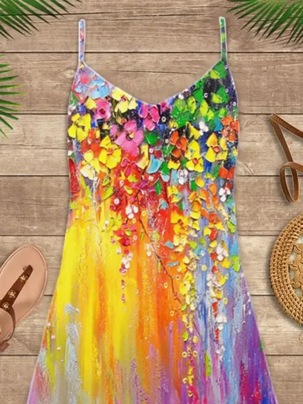 Vacation Flower Oil Painting Print Spaghetti Strap Dress Swimsuit Coverup