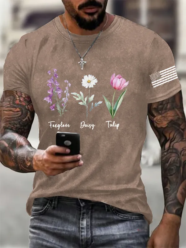 Men'S FDT Flowers Printed Cotton Washed T-Shirt