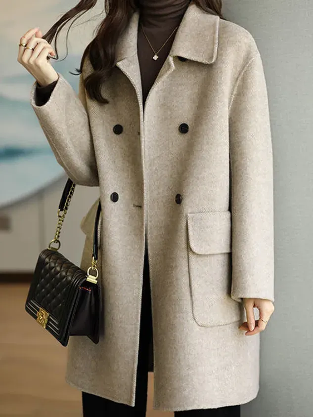 Shawl Collar Long Sleeve Plain Buckle Heavyweight Loose Coat For Women
