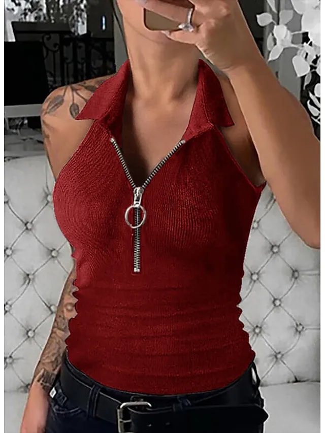 Women's Shirt Tank Top Plain Black Wine Blue Quarter Zip Sleeveless Daily Weekend Streetwear Casual Shirt Collar Regular Fit