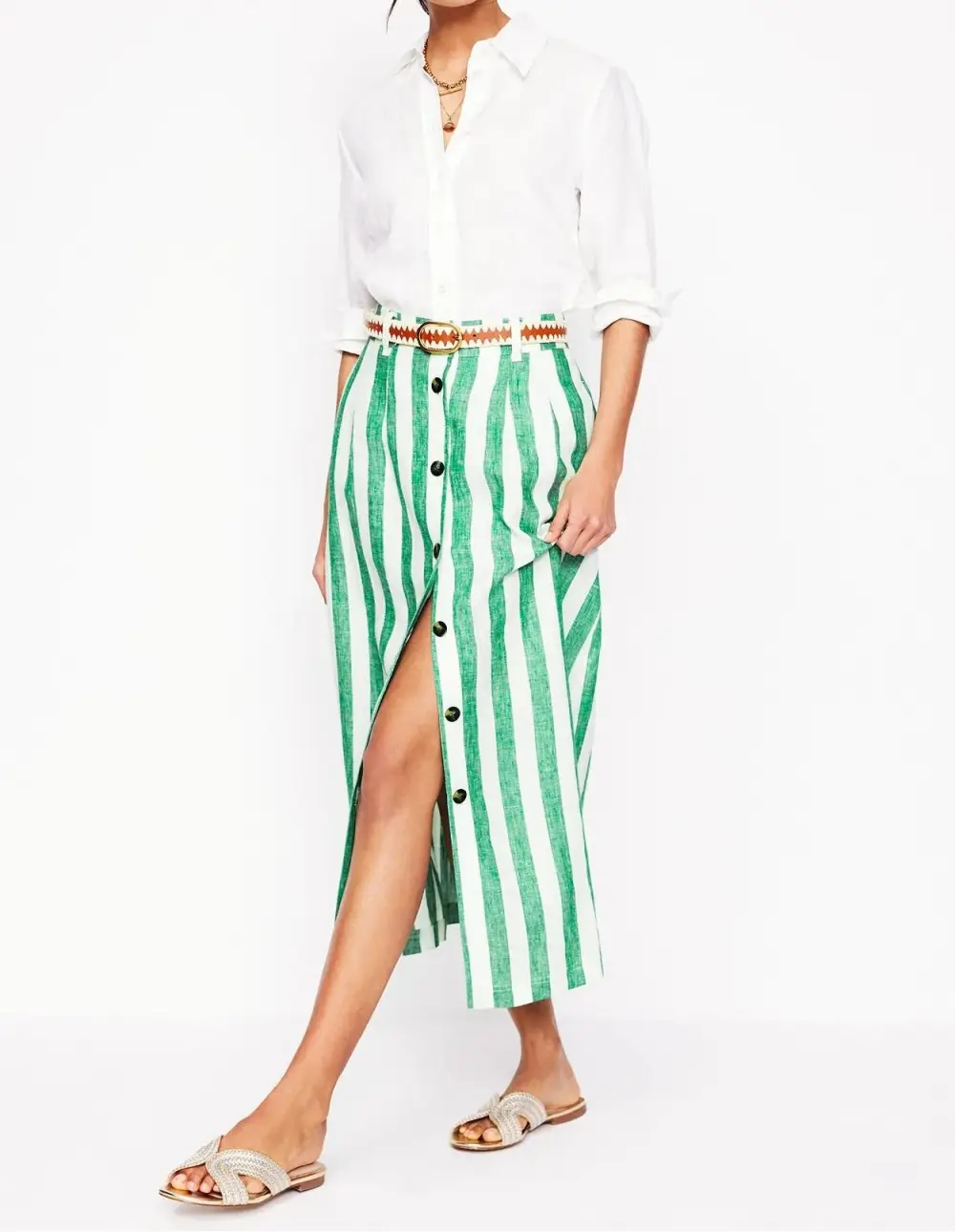 Green and White Striped Thomasina Linen Midi Skirt