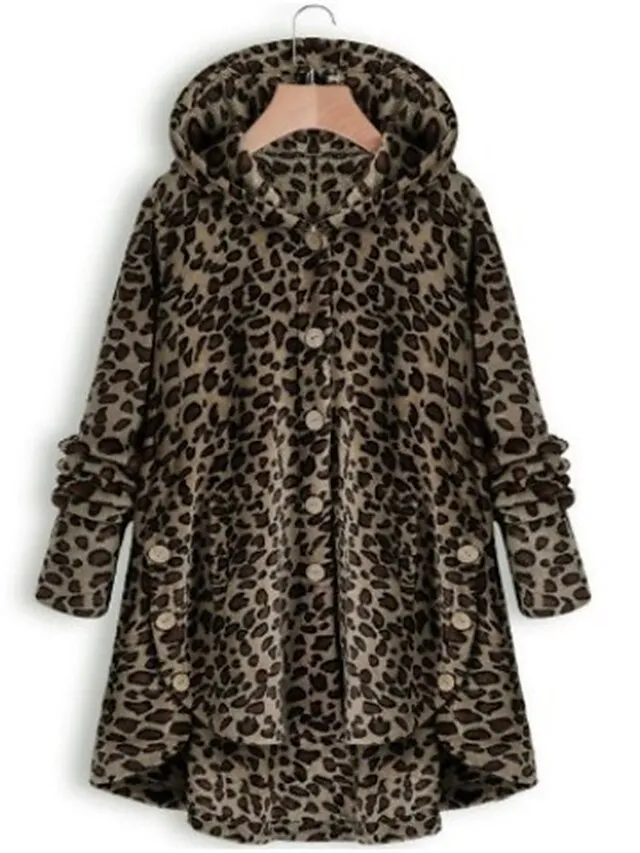 Women's Teddy Coat Fleece Sherpa Jacket with Hood Teddy Bear Jacket Windproof Warm Winter Coat Comtemporary Stylish Plush Jacket Long Sleeve Leopard Black Pink Wine