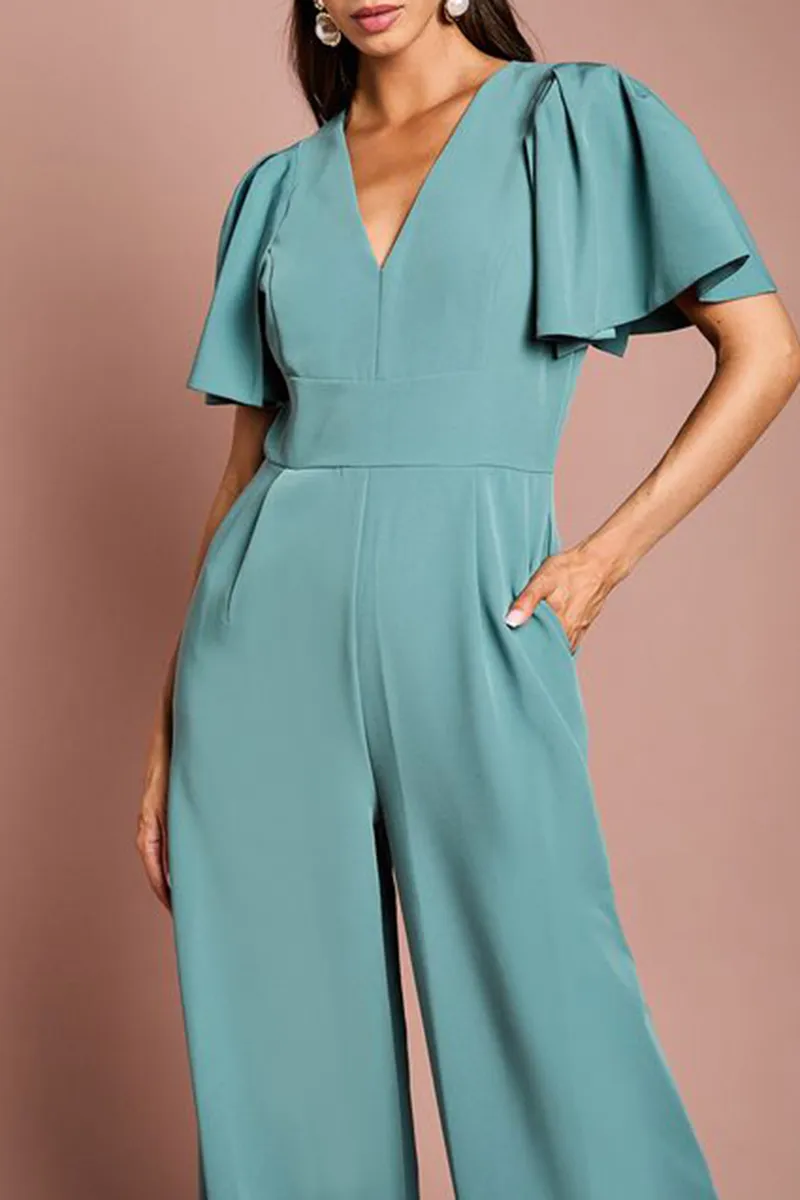Casual Style Flutter Sleeve Plunge Jumpsuit