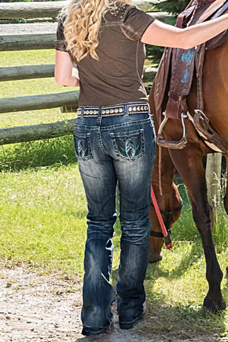 Mid Waist Pocket Straight Leg Jeans