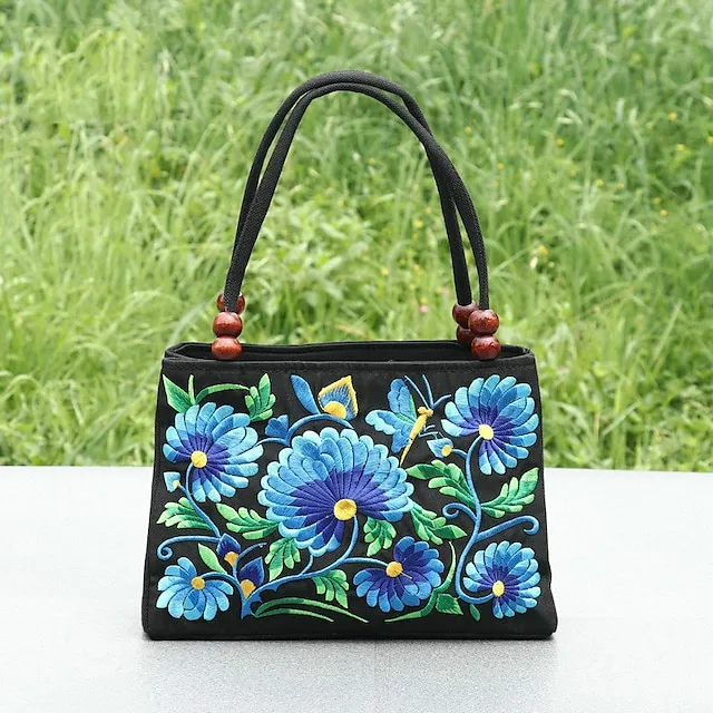 Women's Handbag Canvas Outdoor Holiday Embroidery Large Capacity Breathable Lightweight Folk Dark Red Black / Red Blue peacock