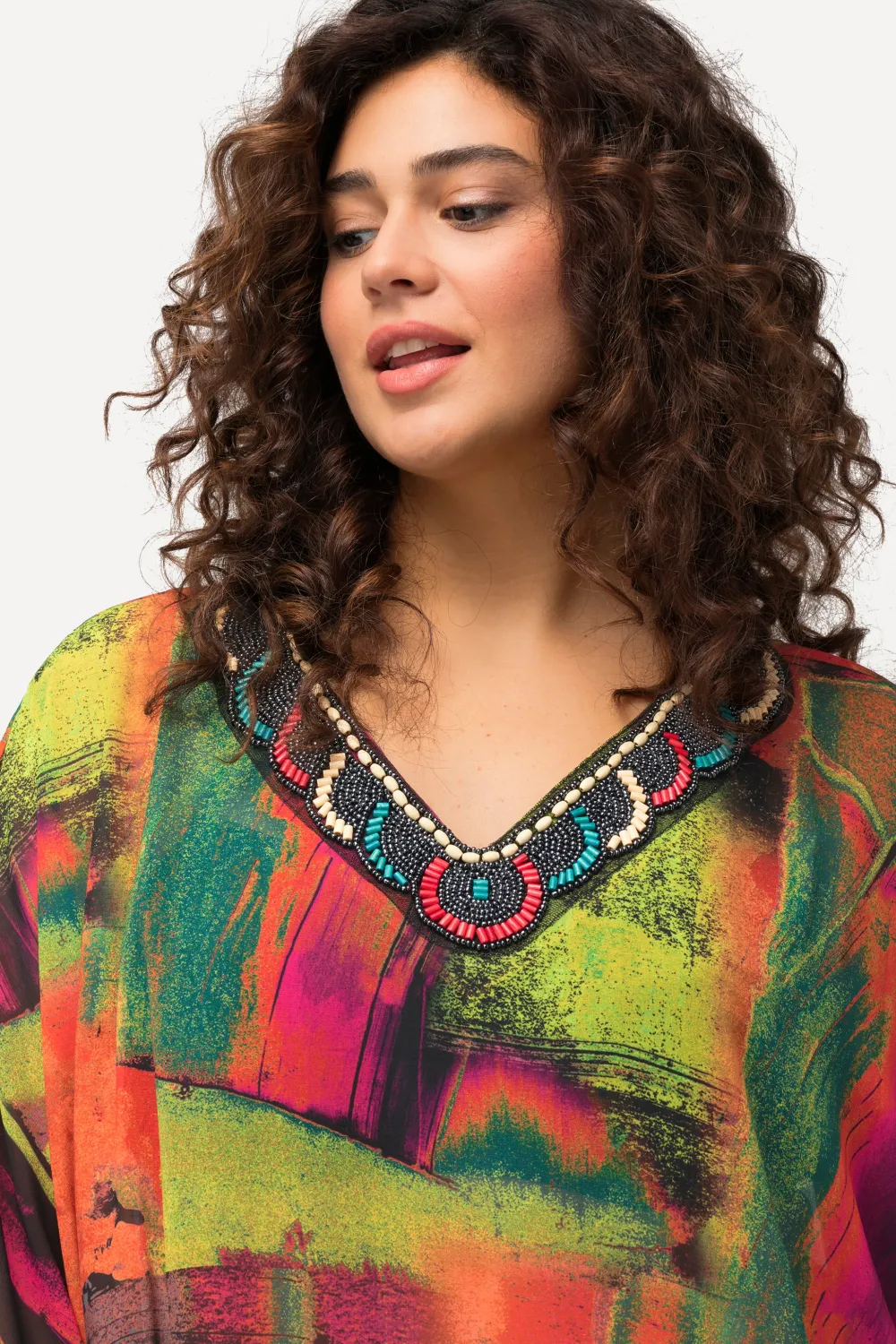 Chiffon-Tunik Oversized V-Ausschnitt Halbarm