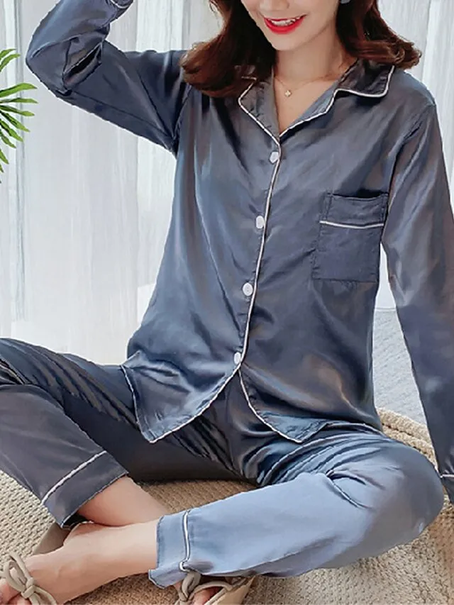Women's Satin Silk Lounge Sets Satin Pajama Sets Pure Color Fashion Casual Comfort Home Daily Bed Satin Breathable Lapel Long Sleeve Shirt Pant Button Pocket Summer Fall Black White