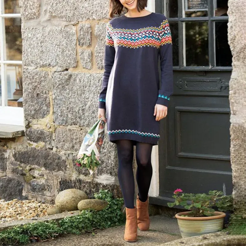 Fairman Island Print Crew Neck Long Sleeve Knit Midi Dress