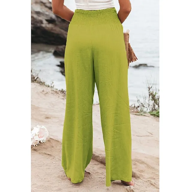 Women's Wide Leg Linen Pants Trousers Full Length Cotton Baggy Micro-elastic High Waist Fashion Casual Daily Vacation Apple Green Black S M Autumn / Fall