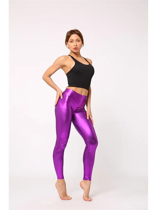 Women's Tights Leggings PU Faux Leather High Elasticity Mid Waist Sporty Party Causal Sapphire Scarlet One-Size Fall & Winter