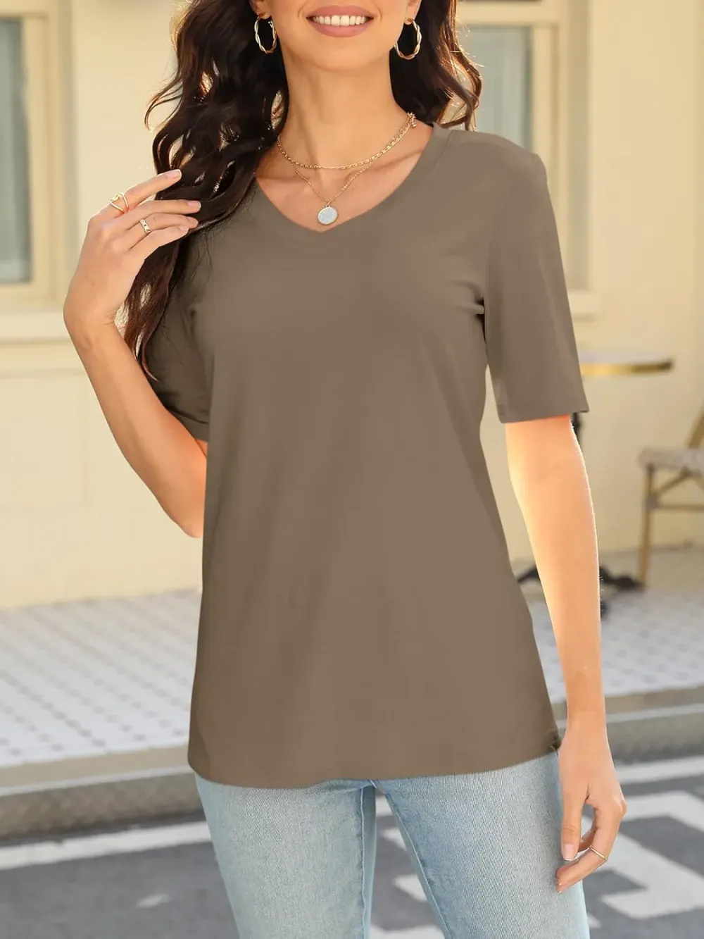 ORANDESIGNE Women's Color Block Short Sleeve T Shirts Casual V Neck Summer Tops Tees Loose Fit Blouses