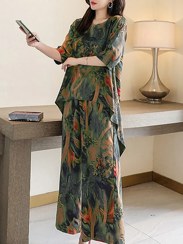 Women's Loungewear Sets Flower Fashion Casual Comfort Street Daily Date Polyester Breathable Crew Neck Short Sleeve T shirt Tee Pant Pocket Summer Spring Light Green Red