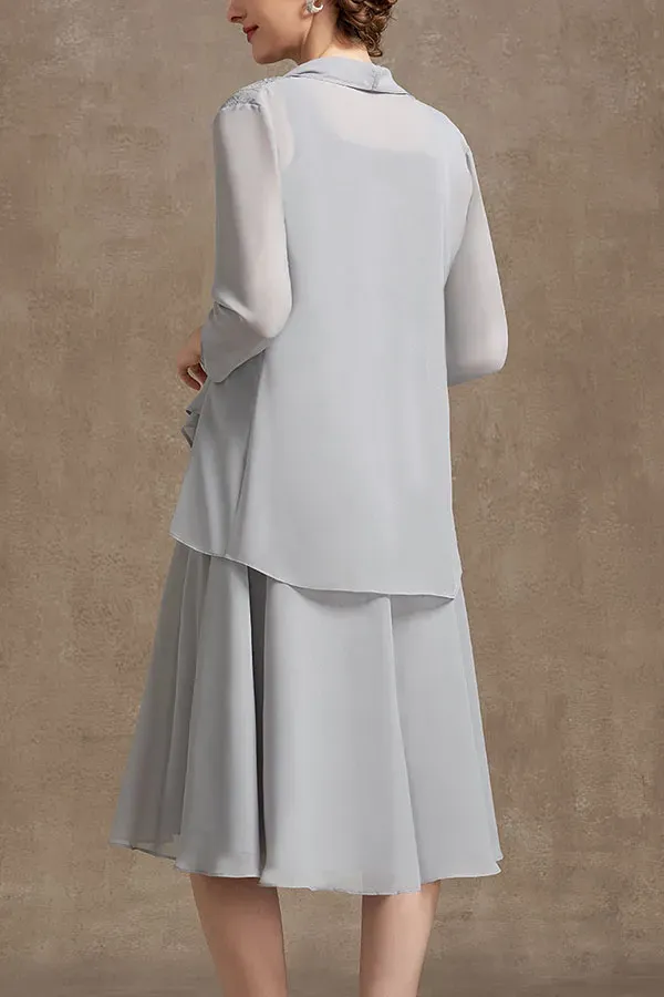 A-Line Square Neckline Knee-Length Chiffon Lace Mother of the Bride Dress