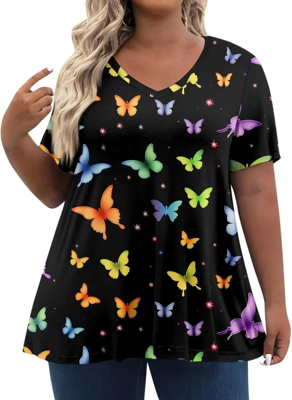 Plus Size Tops for Women Dressy Short Sleeve V Neck Shirts for Women Summer Tops for Women 2024 Floral Print Top