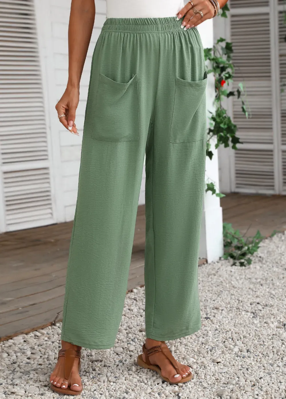 Sage Green Pocket Regular Elastic Waist Pants