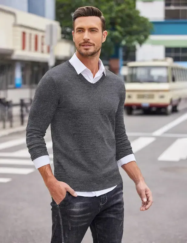 Men's Ribbed V-neck Casual Knit Sweater