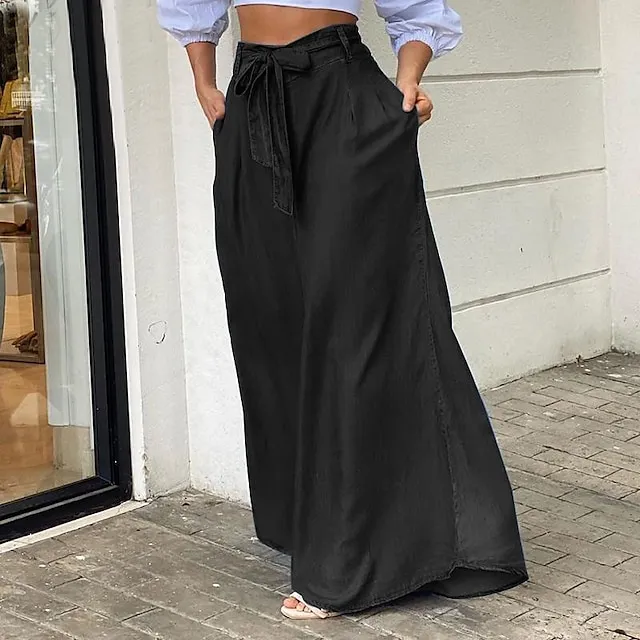 Women's Culottes Wide Leg Chinos Full Length Denim Side Pockets Wide Leg Micro-elastic Mid Waist Fashion Party Casual Black Blue S M Summer Spring & Fall