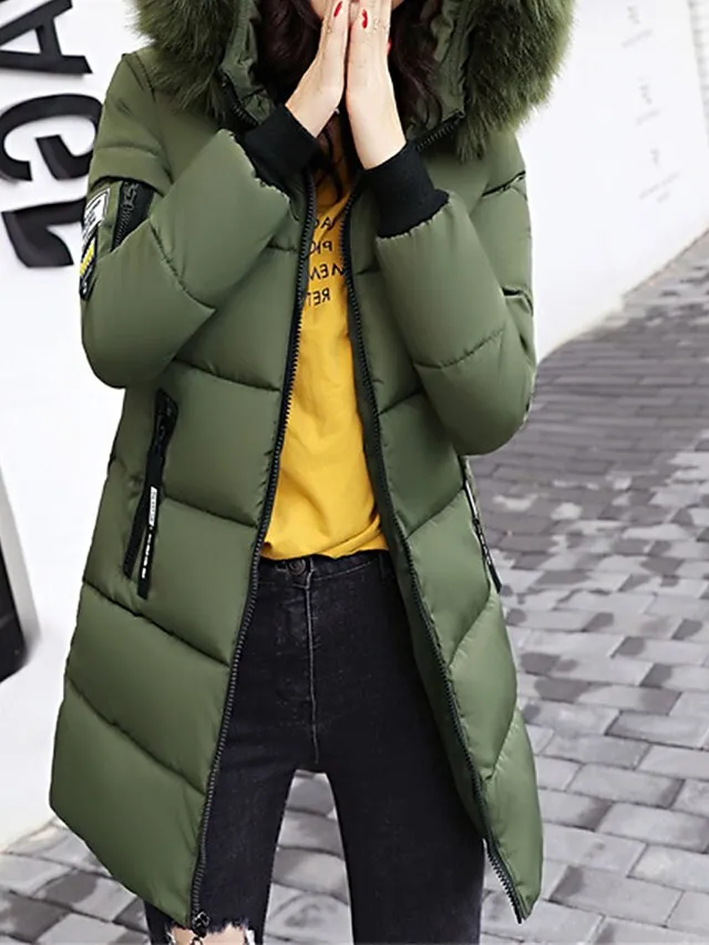 Women's Parka Long Puffer Jacket Thicken Winter Coat with Fur Collar Hood Fall Windproof Warm Overcoat with Pockets Stylish Contemporary Casual Jacket Long Sleeve Full Zip Black White Light Green