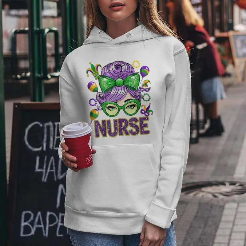 Mardi Gras Nurse Messy Bun Mask Beads Mardi Gras Women Hoodie
