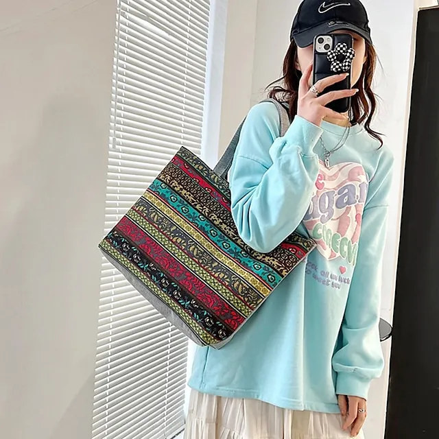 Women's Tote Shoulder Bag Canvas Tote Bag Canvas Shopping Daily Zipper Large Capacity Foldable Lightweight Striped Patchwork Folk Red stripes Red square Black square