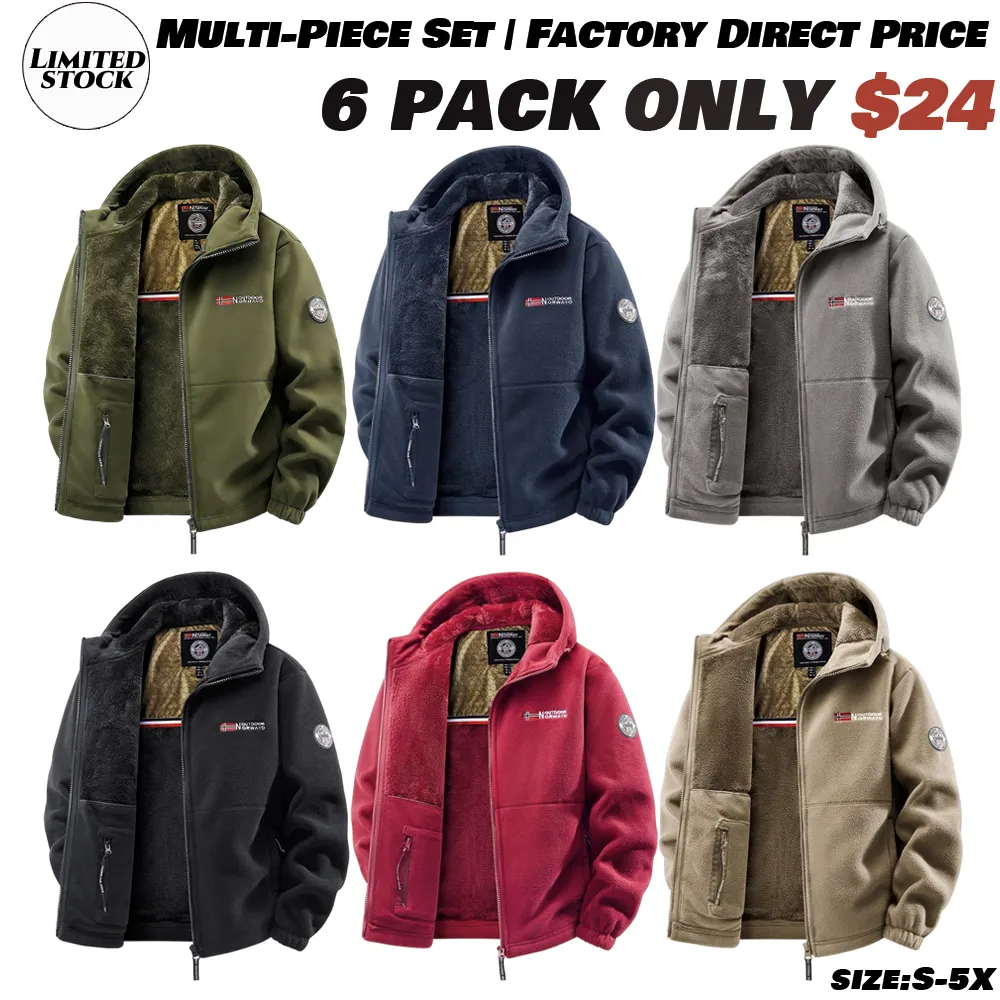 Men'S Outdoor Heavyweight Fleece Jacket - Double-Sided Warm Hooded Coat With Full Zip, Multi Pockets & Machine Washable Polyester For Camping Hiking Casual Wear