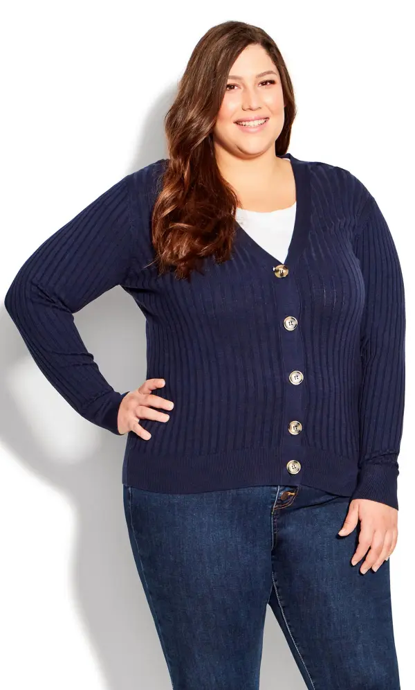 Evans Navy Blue Ribbed Knit Cardigan