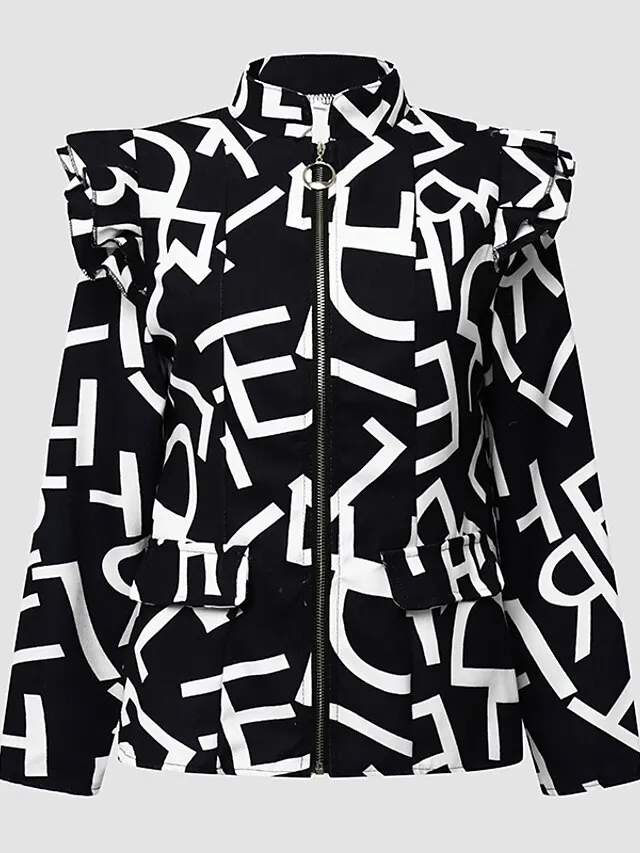 Women's Blazer Formal Casual Daily Baroque Ruffle Full Zip Print Outdoor Work Street Daily Cotton Coat Winter Fall Leopard Black Pink Zipper Stand Collar Regular Fit S M L XL XXL