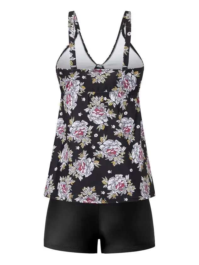 Vacation Floral Printing Scoop Neck Tankinis Two-Piece Set