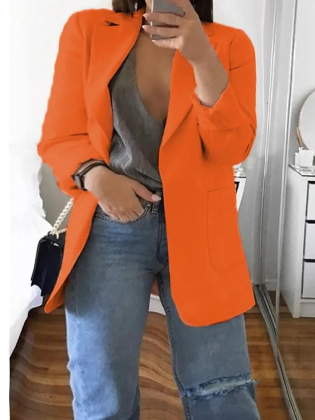 Women's Plus Size Curve Blazer Spring Work to Wear Office Jacket with Pocket Long Sleeve Peaked Lapel Fall Winter