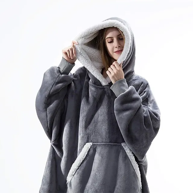 Women's Christmas Couple‘s Pajamas Nightgown Hoodie Blanket Wearable Blanket Grid / Plaid Pure Color Plush Simple Comfort Xmas Home Party Fleece Warm Gift Patchwork Pocket Fall Winter Black Gray