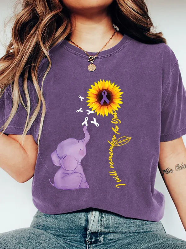 Women's Elephant I Will Remember For You Sunflower Alzheimer T-Shirt