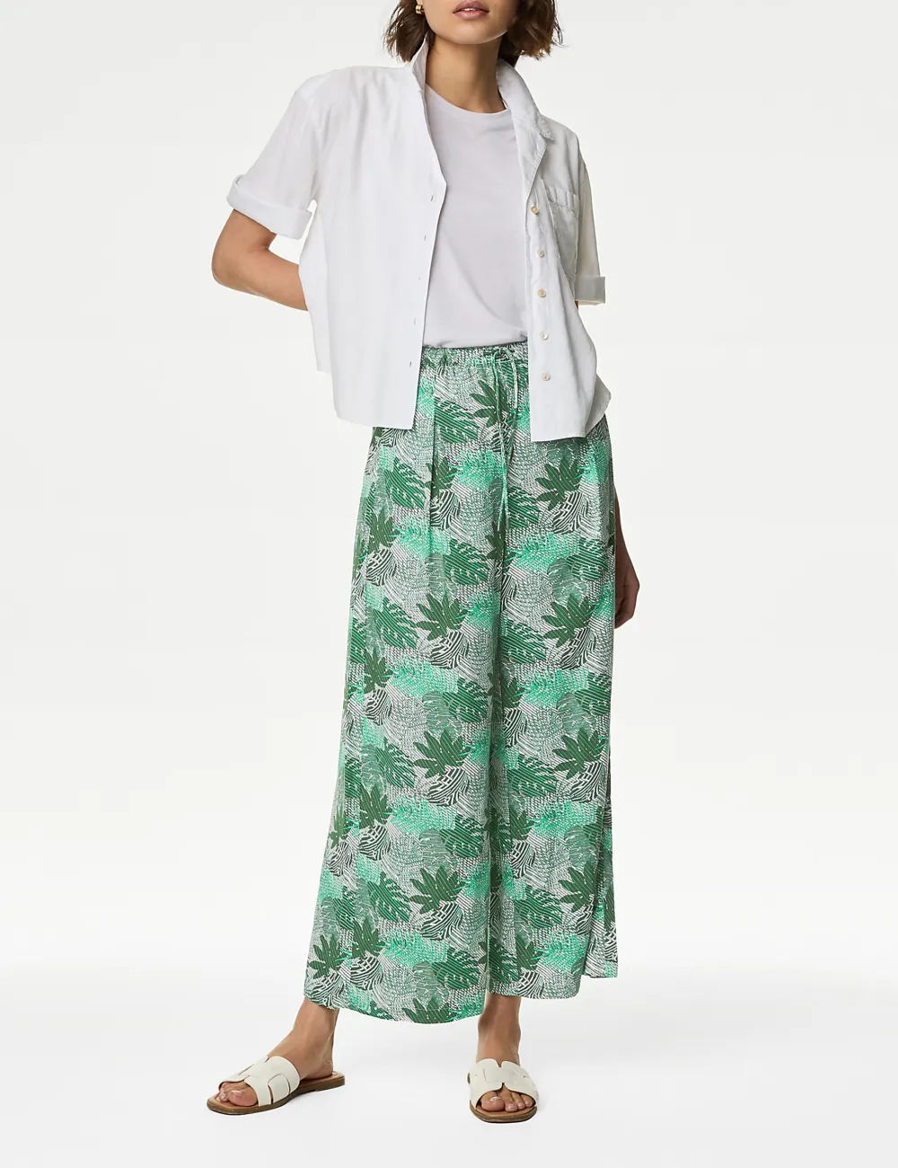 Plants Printed Wide Leg Trousers