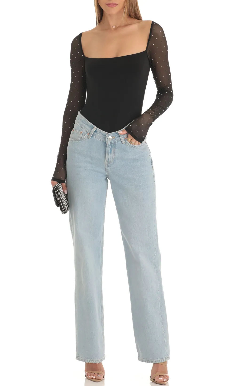 Diamond Glitter Square Neck Bodysuit in Black