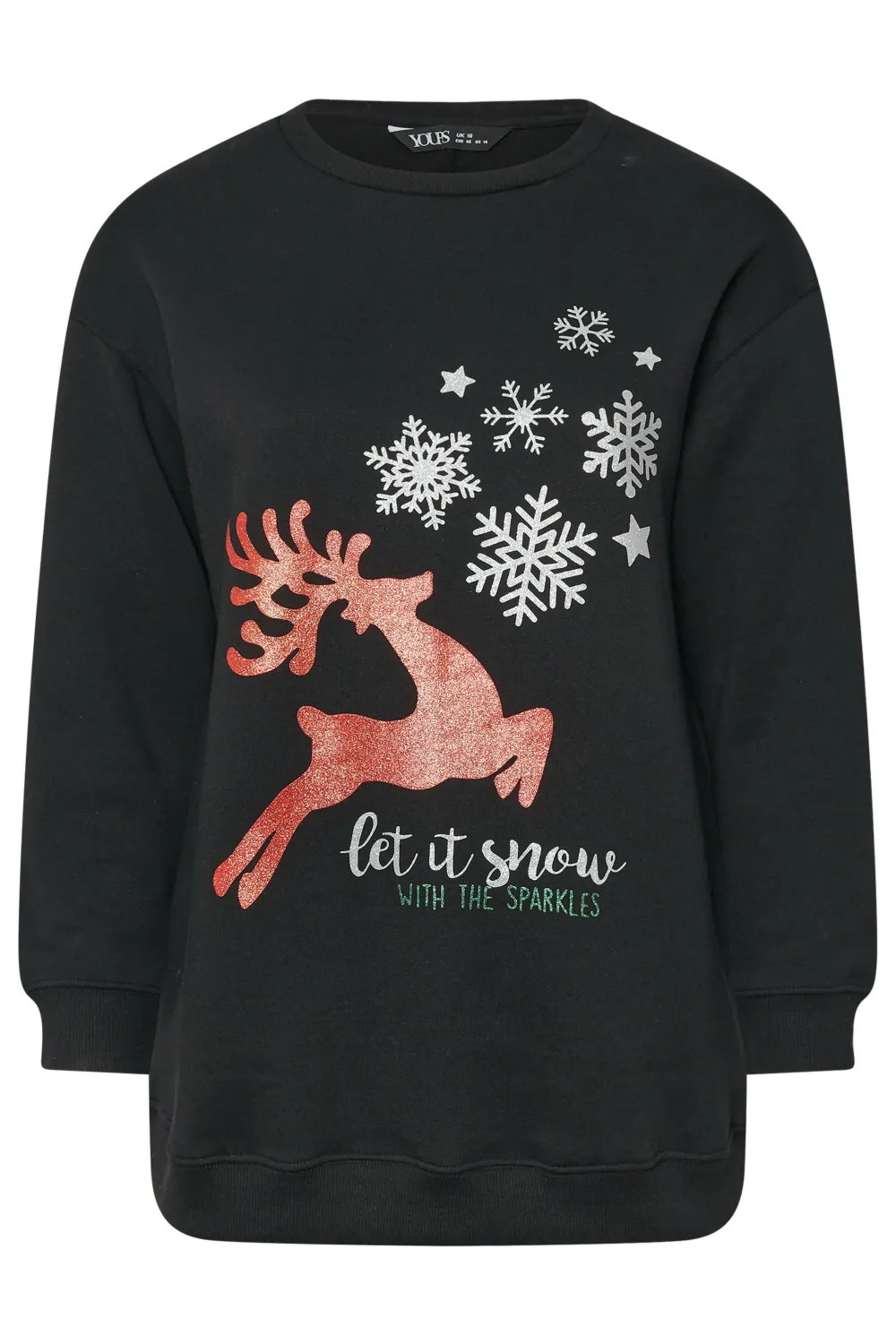 YOURS Curve Black 'Let It Snow' Reindeer Print Sweatshirt